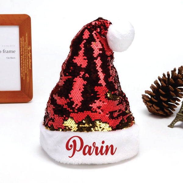Personalised Sequins Christmas Santa Caps -(Red And Gold)