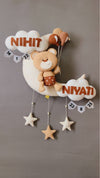 Teddy on moon with balloons for siblings  Customized Name Plate Wall Hanging