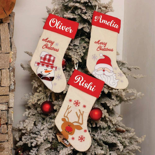 Red Band Linen Stockings- Merry Christmas Santa