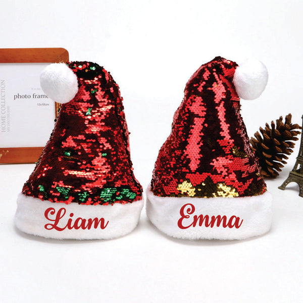 Personalised Sequins Christmas Santa Caps -(Red And Gold)