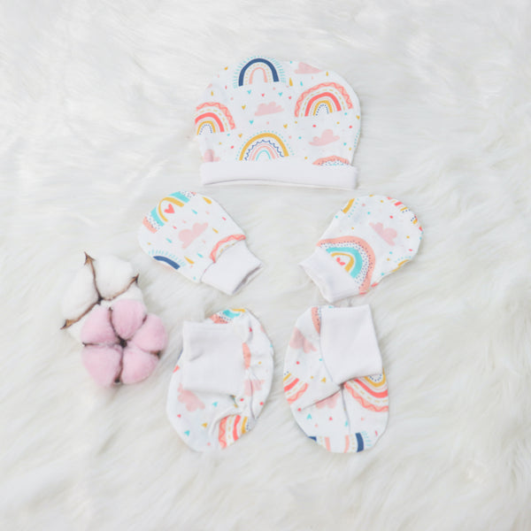 Rainbows-Cotton Caps, Mittens & Booties Set
