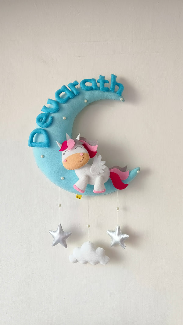 Cute Unicorn on moon  Customized Name Plate Wall Hanging