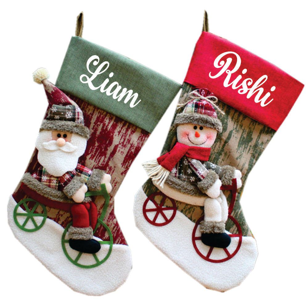 Santa & Snowman On A Bike Stocking- Set of 2